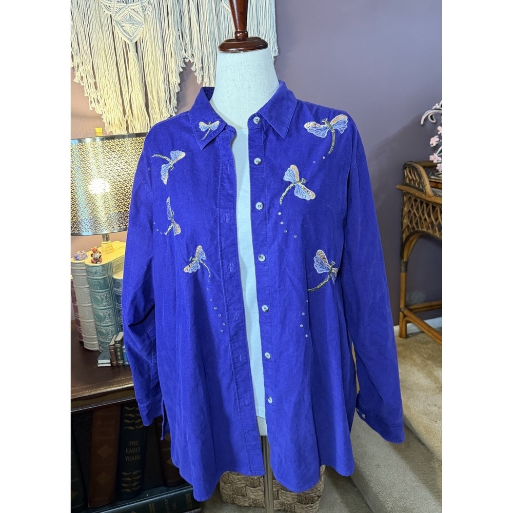 Quacker Factory Size 1X Purple Corduroy Dragonfly Embroided Longsleeve Shirt